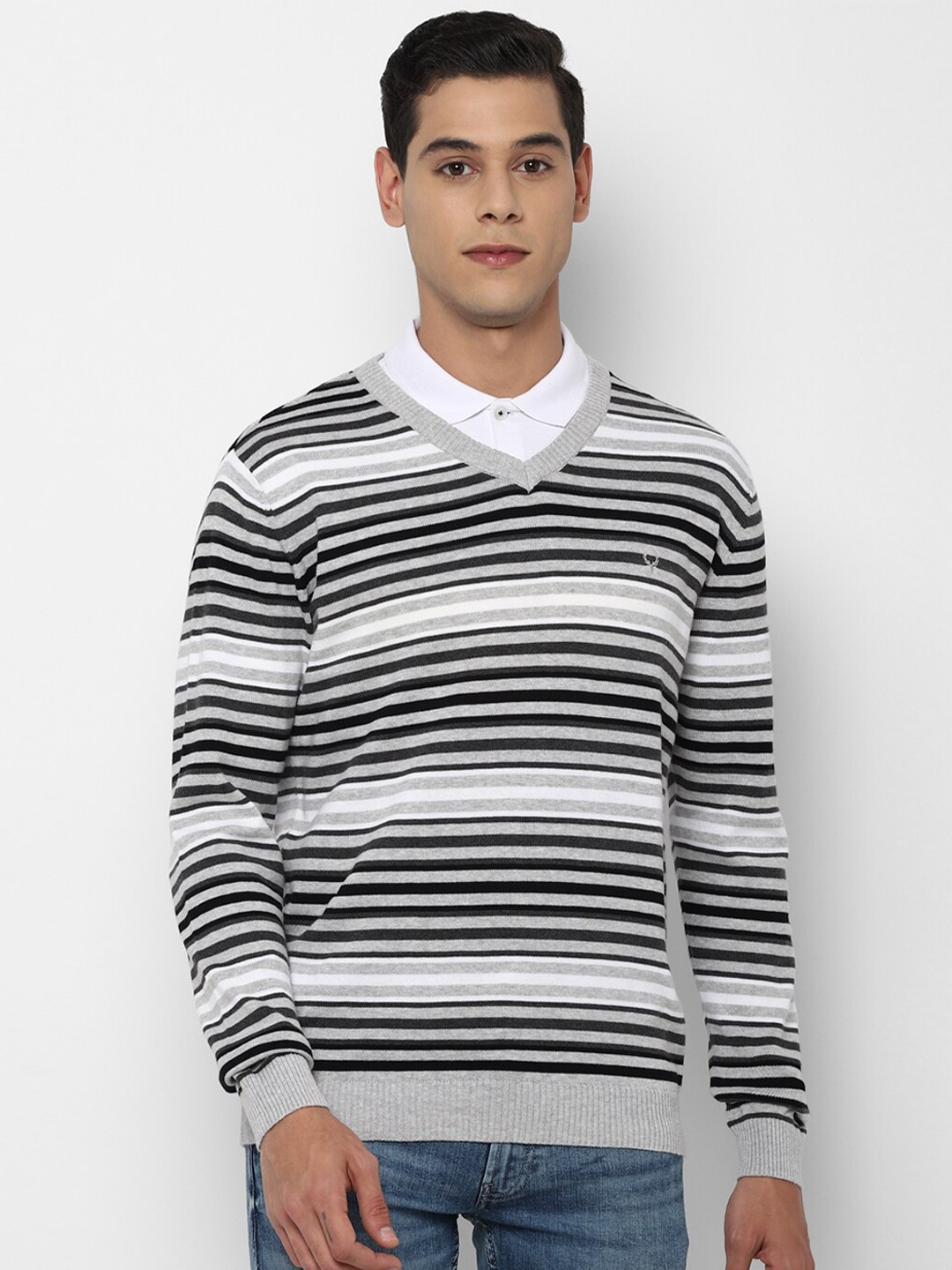 

Allen Solly Men Grey & White Striped Pure Cotton Pullover
