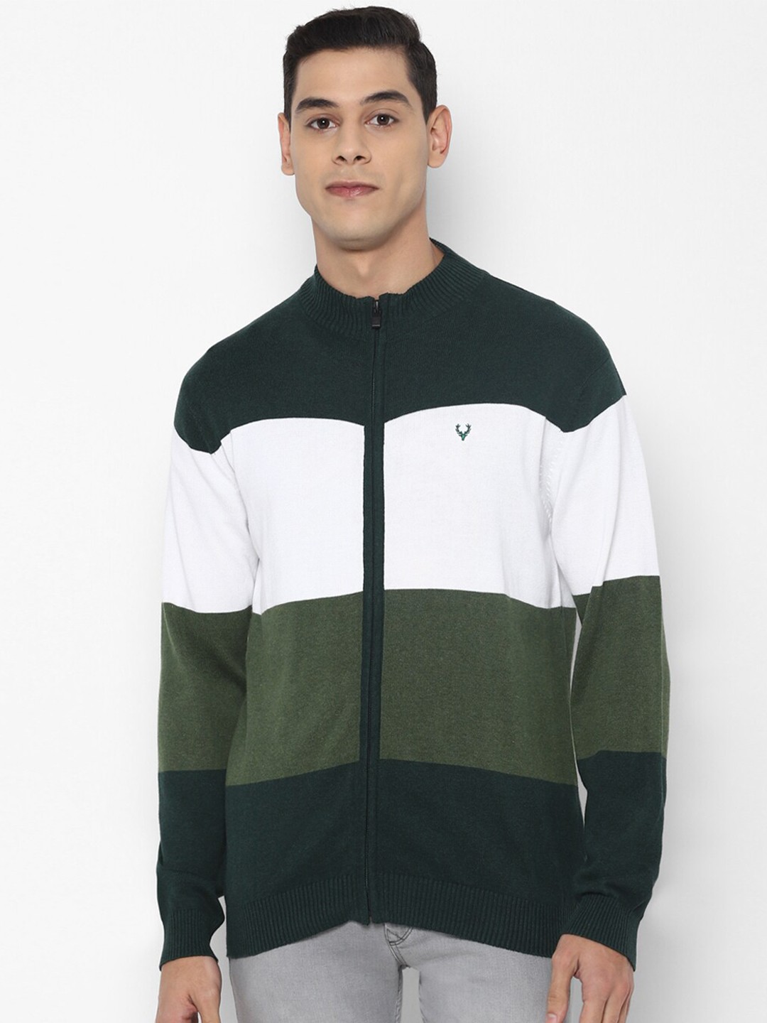 

Allen Solly Men Green & White Colourblocked Cardigan with Zip Detail
