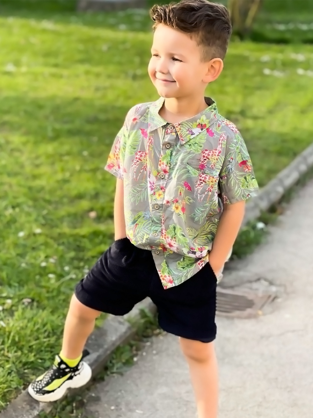 

Cherry Crumble Boys Green & Yellow Floral Print Cotton Casual Shirt