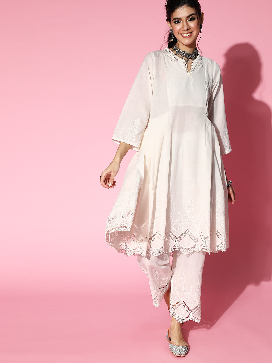 

InWeave Women Off White Pure Cotton Kurta with Trousers