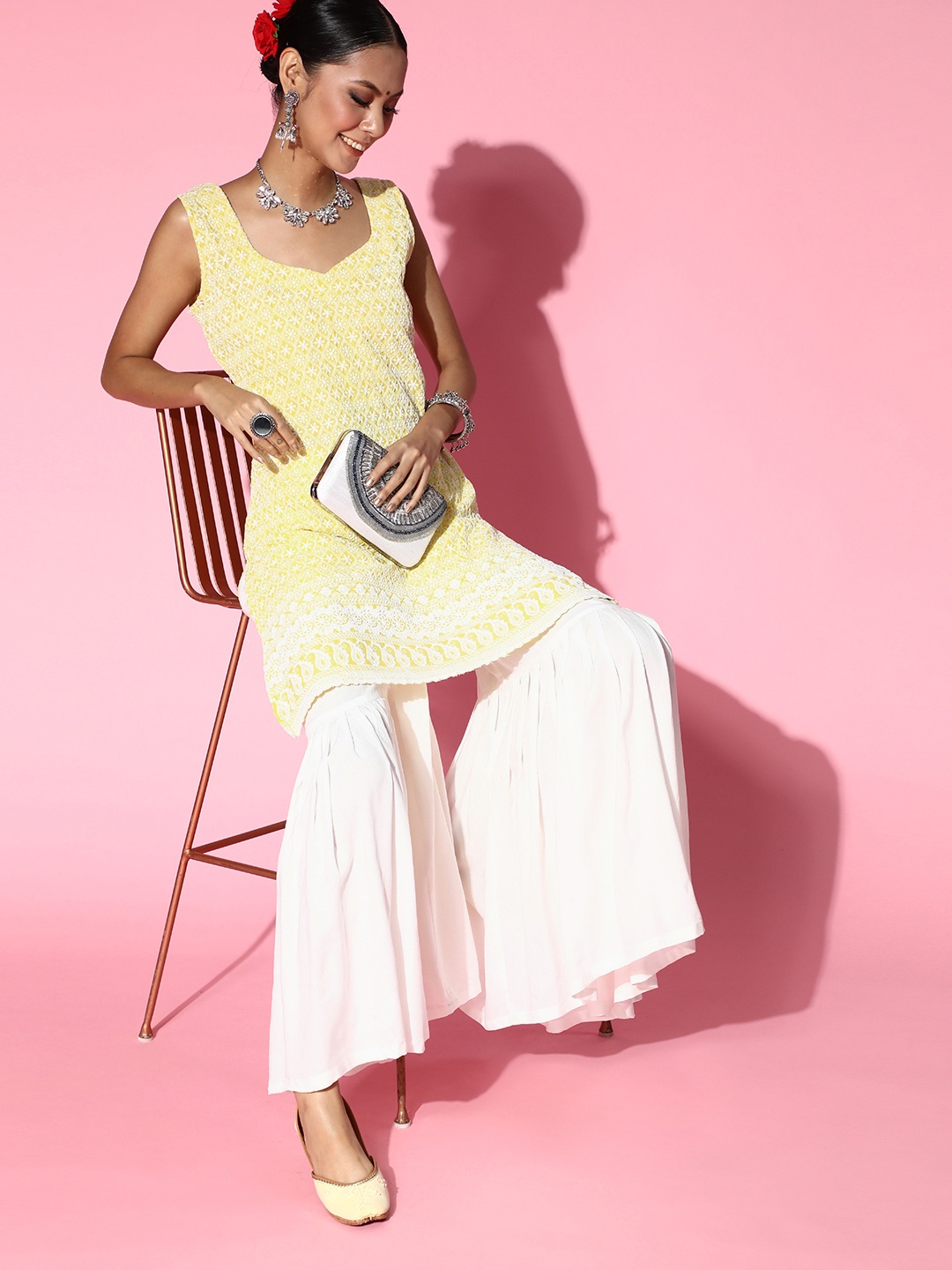 

InWeave Women Yellow Floral Embroidered Pure Cotton Kurta with Sharara