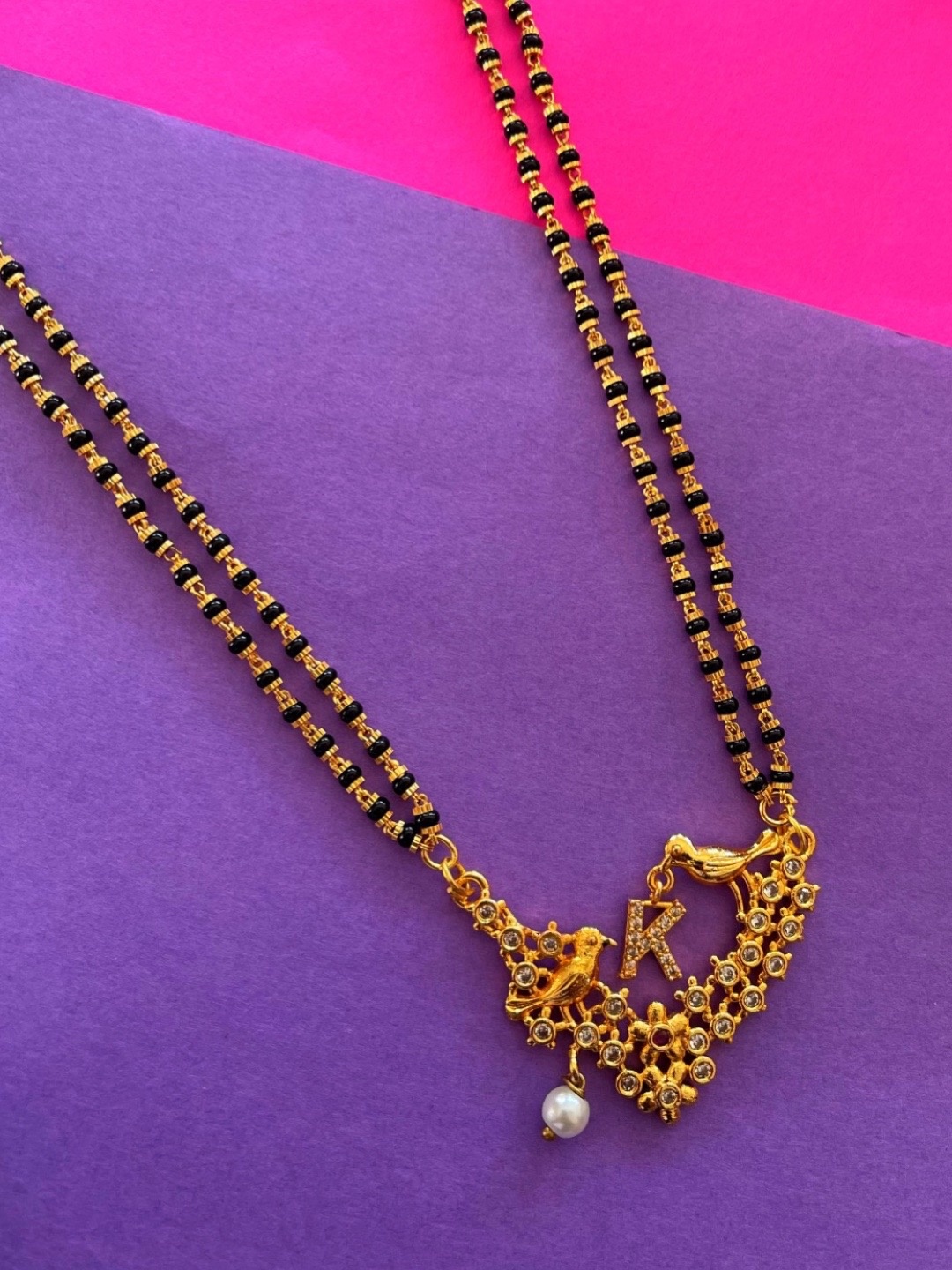 

Digital Dress Room Gold-Plated Black & White Stone Studded & Beaded Mangalsutra