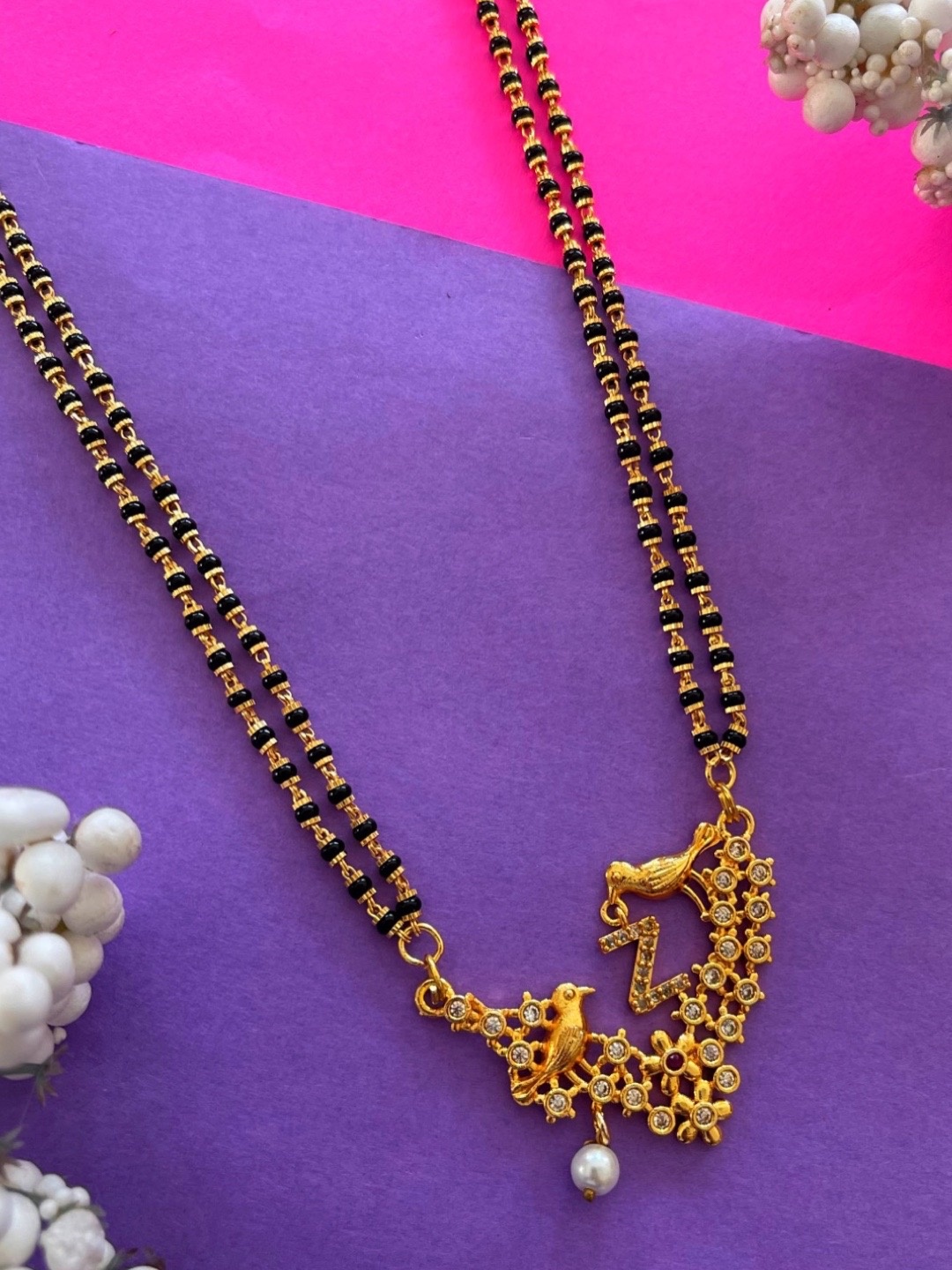 

Digital Dress Room Gold-Plated Black & White Beaded & Stone-Studded Z-Alphabet Mangalsutra