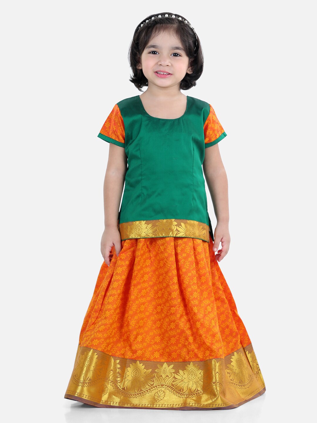 

BownBee Girls Green & Orange Printed Ready to Wear Lehenga & Blouse