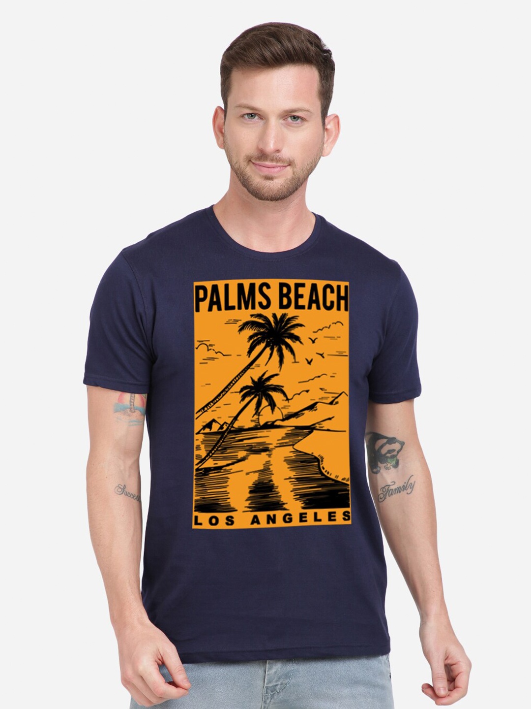 

MASH UNLIMITED Men Navy Blue & Orange Printed Slim Fit T-shirt