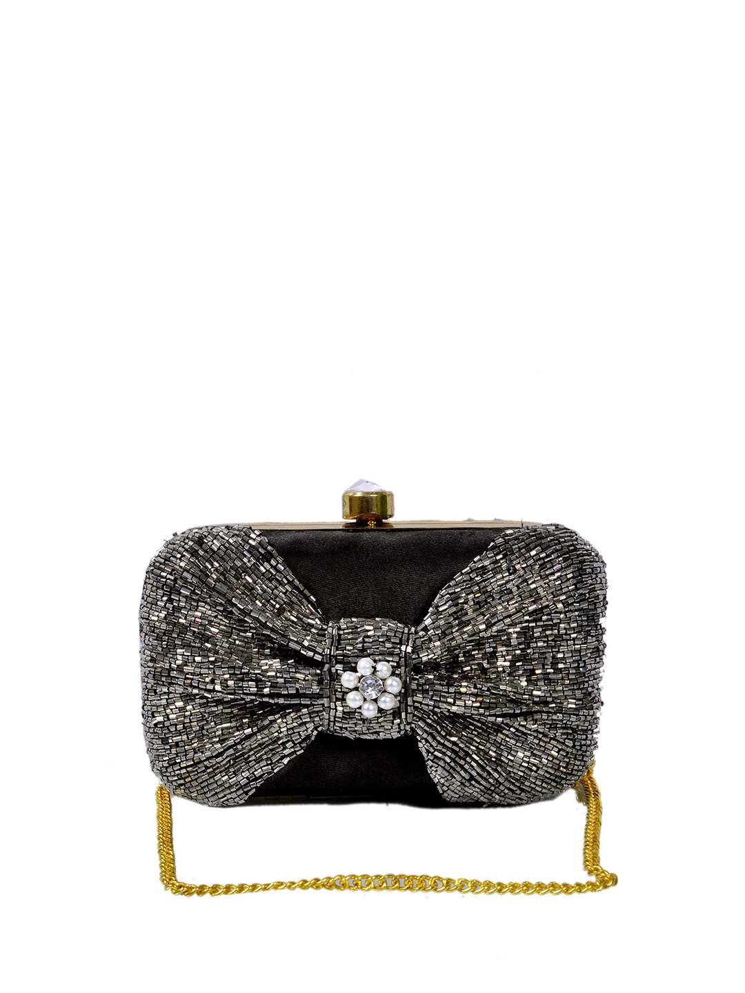 

REZZY Black & Gold-Toned Embroidered Box Clutch