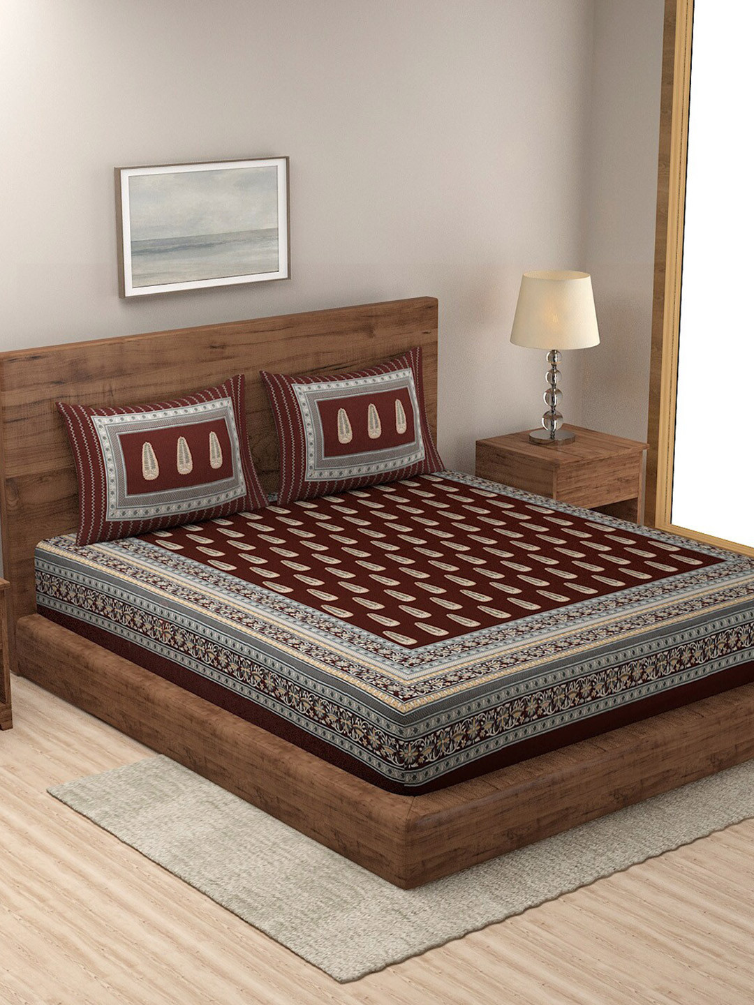 

Rajasthan Decor Maroon & Beige Ethnic Motifs 144 TC King Bedsheet with 2 Pillow Covers