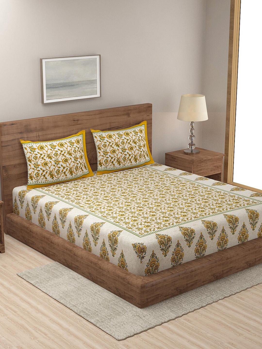 Rajasthan Decor Beige & Yellow Floral Cotton 144 TC Queen Bedsheet with 2 Pillow Covers