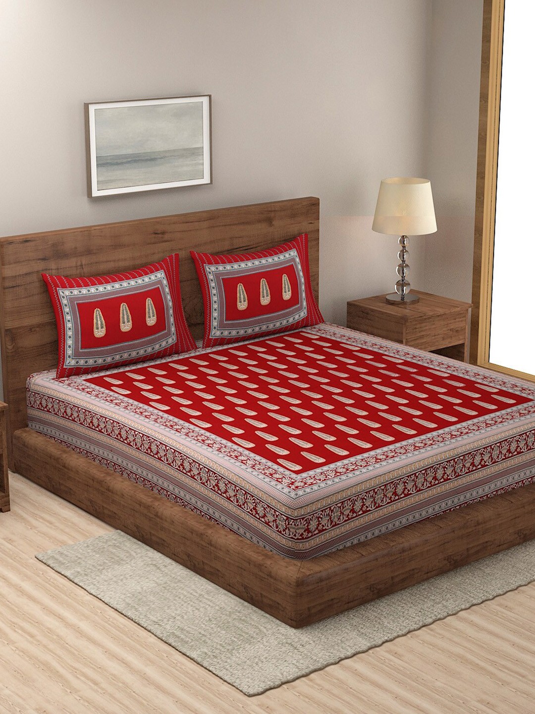 

Rajasthan Decor Red & Peach-Coloured Cotton 144 TC King Bedsheet with 2 Pillow Covers
