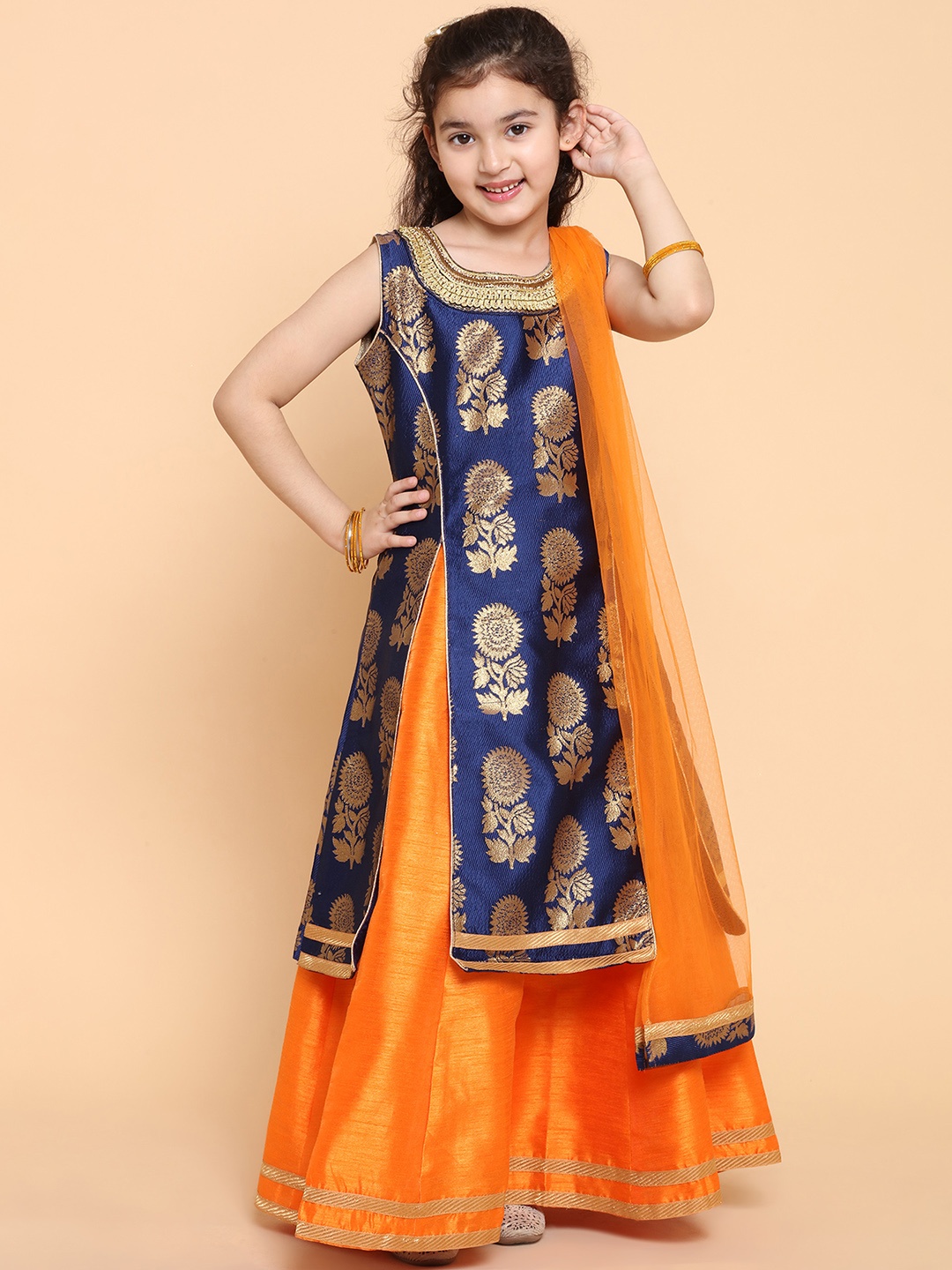 

ADIVA Girls Blue & Orange Ready to Wear Lehenga & Blouse With Dupatta