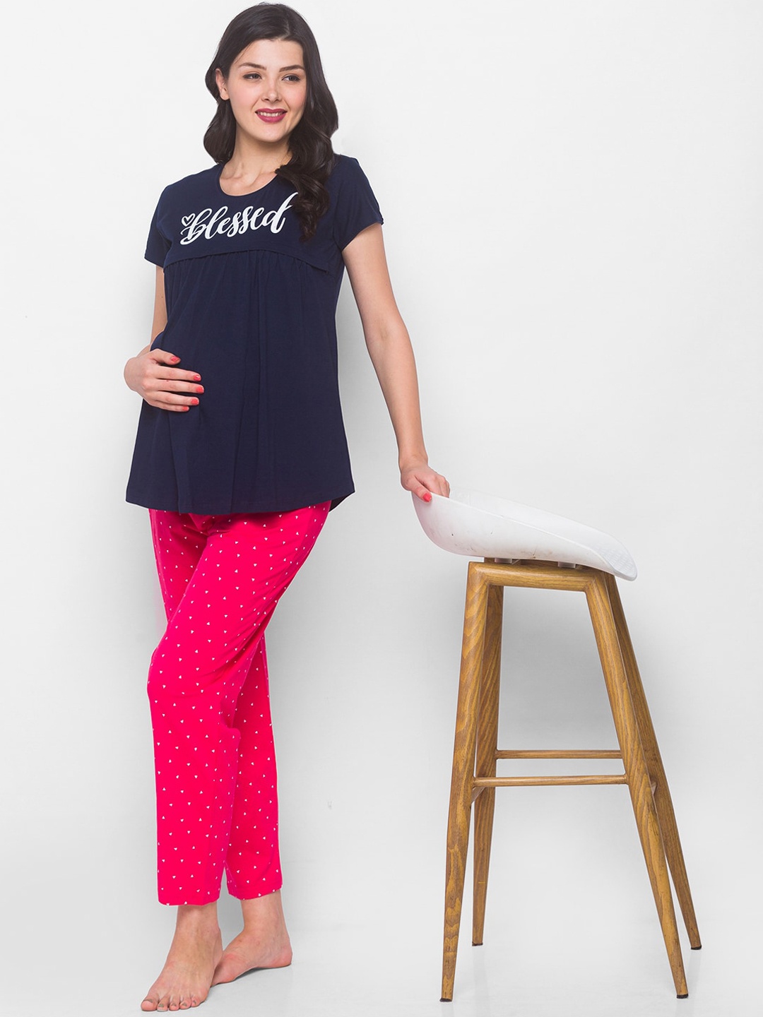 

AV2 Women Navy Blue & Pink Printed Pure Cotton Maternity Night suit