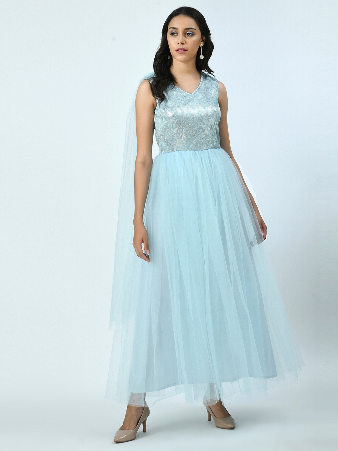 

V&M Blue Embellished Net Maxi Dress