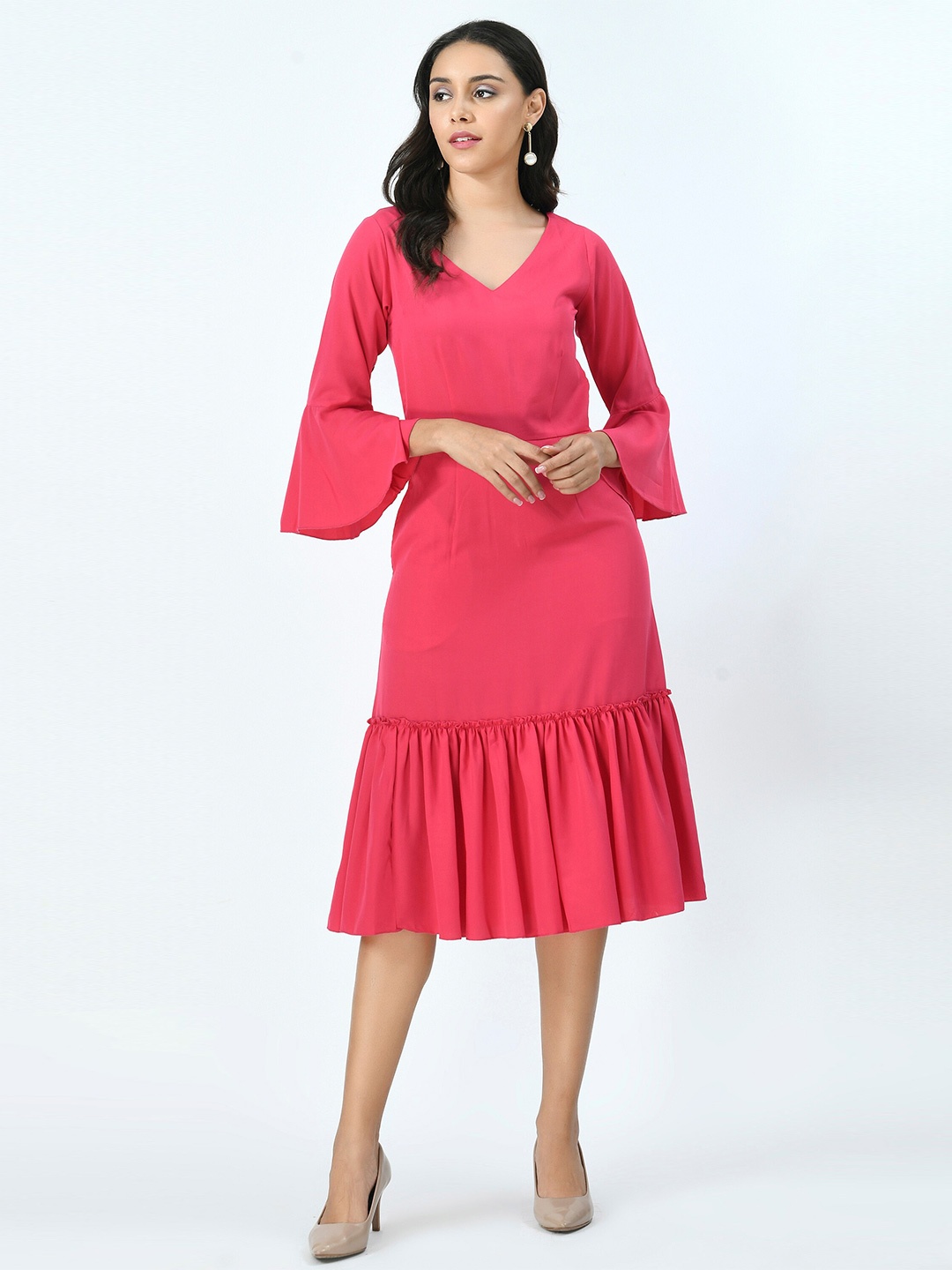 

V&M Pink Crepe Drop-Waist Midi Dress