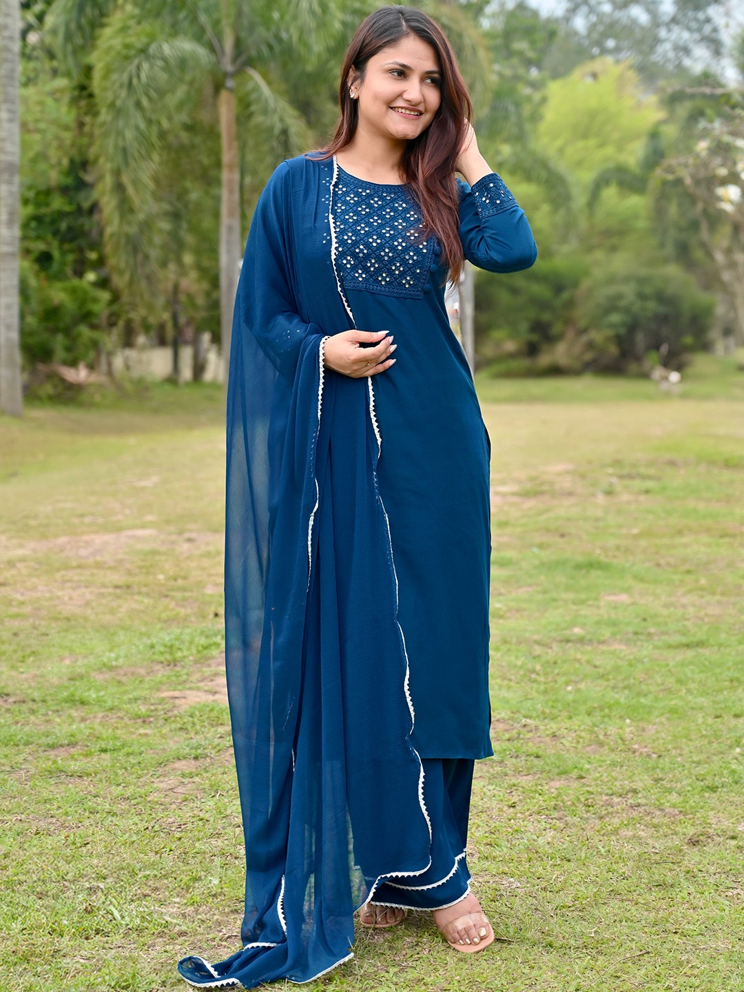 

Libas Women Blue Embroidered Kurta with Palazzos & Dupatta