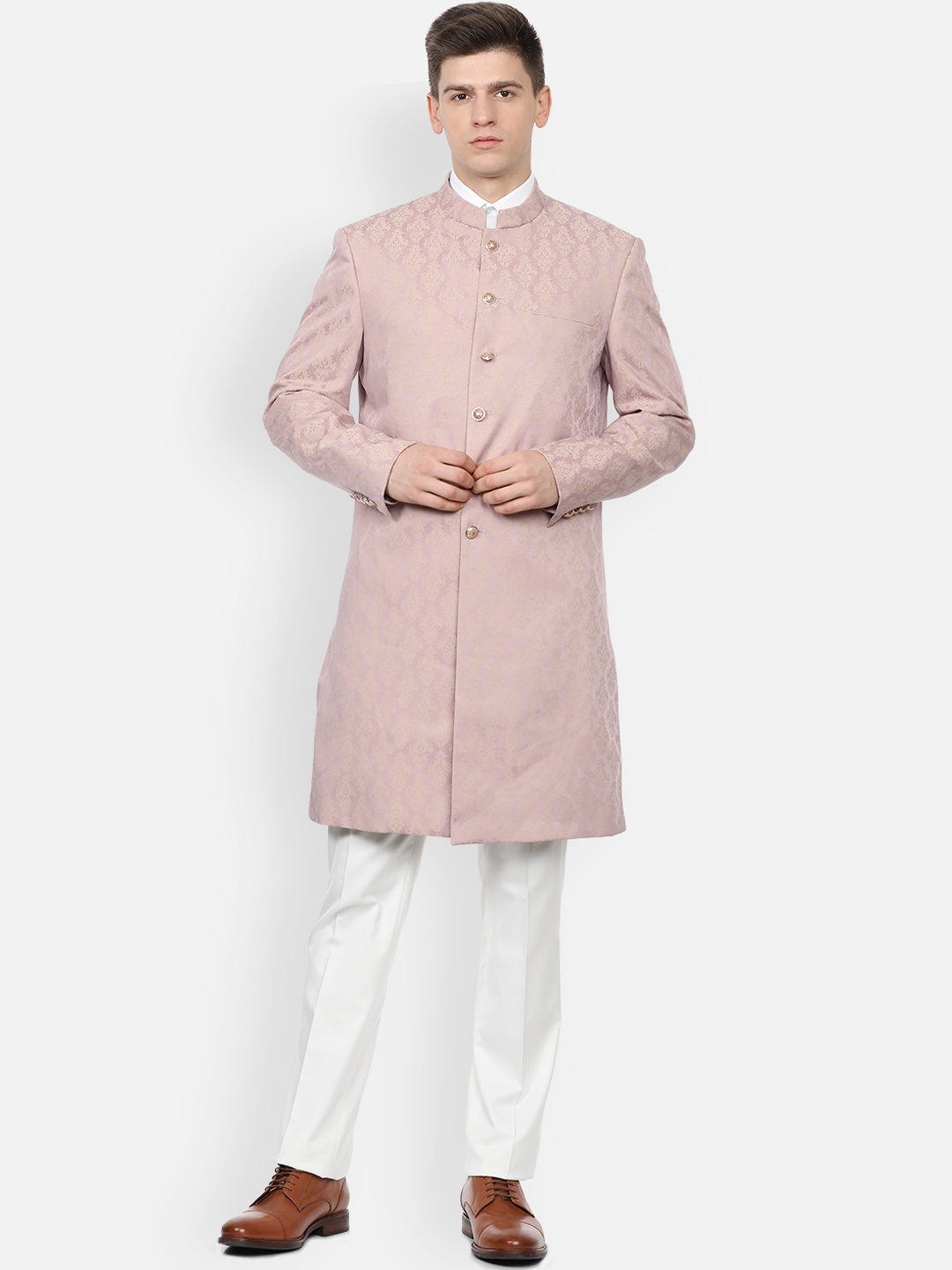 

V Dot Men Pink & White Printed Two Piece Sherwani