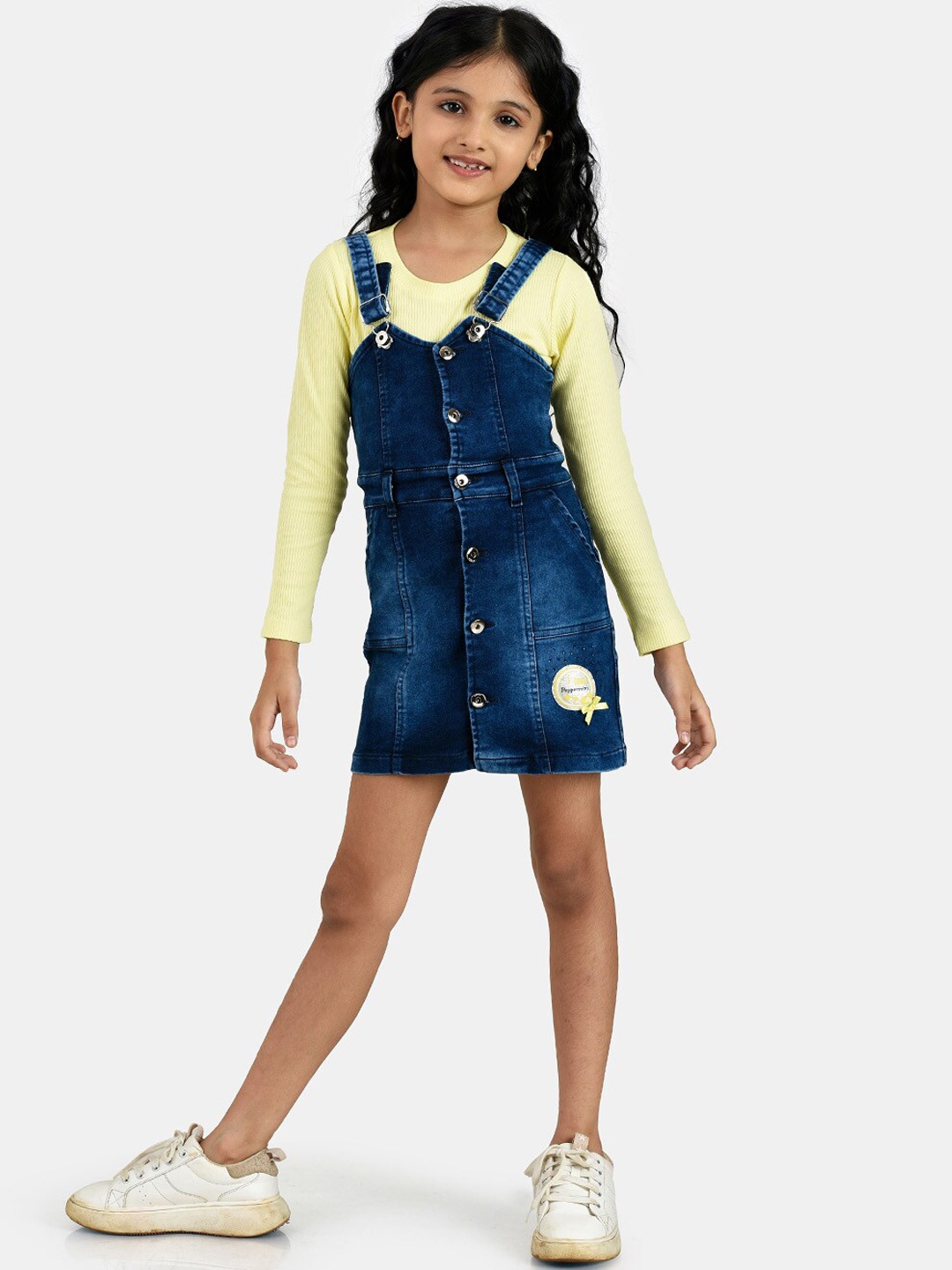 

Peppermint Girls Yellow & Blue Denim Dungarees With T-Shirt