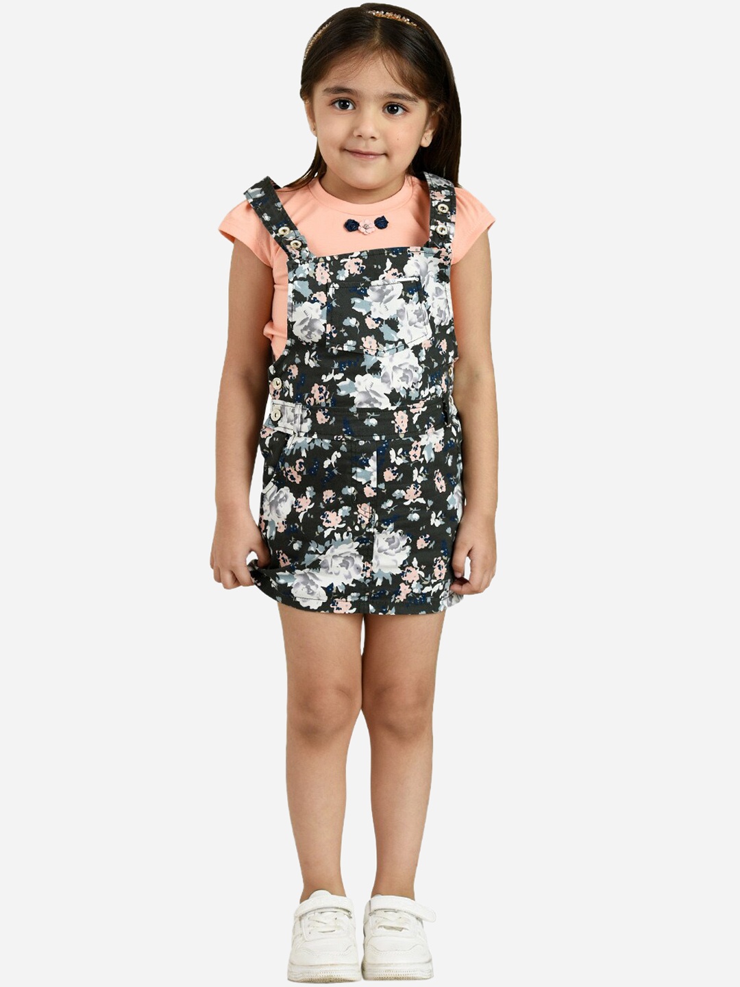 

Peppermint Girls Peach & Black Printed Dungarees with Top