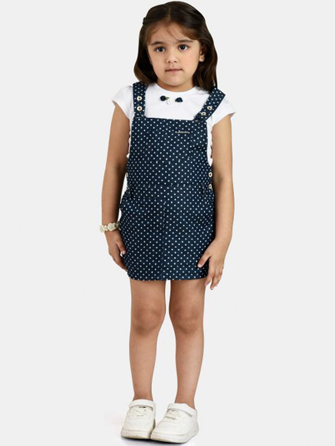 

Peppermint Girls Navy Blue Polka Dots Printed Cotton Dungarees