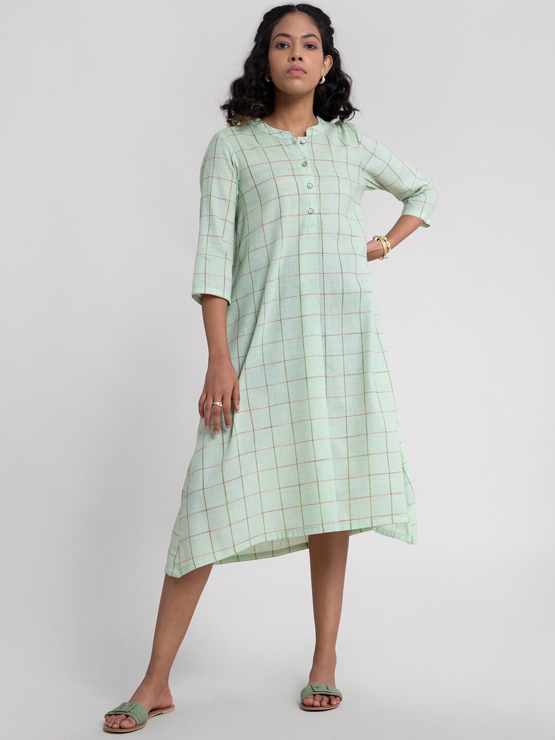 

Pink Fort Green Checked A-Line Dress