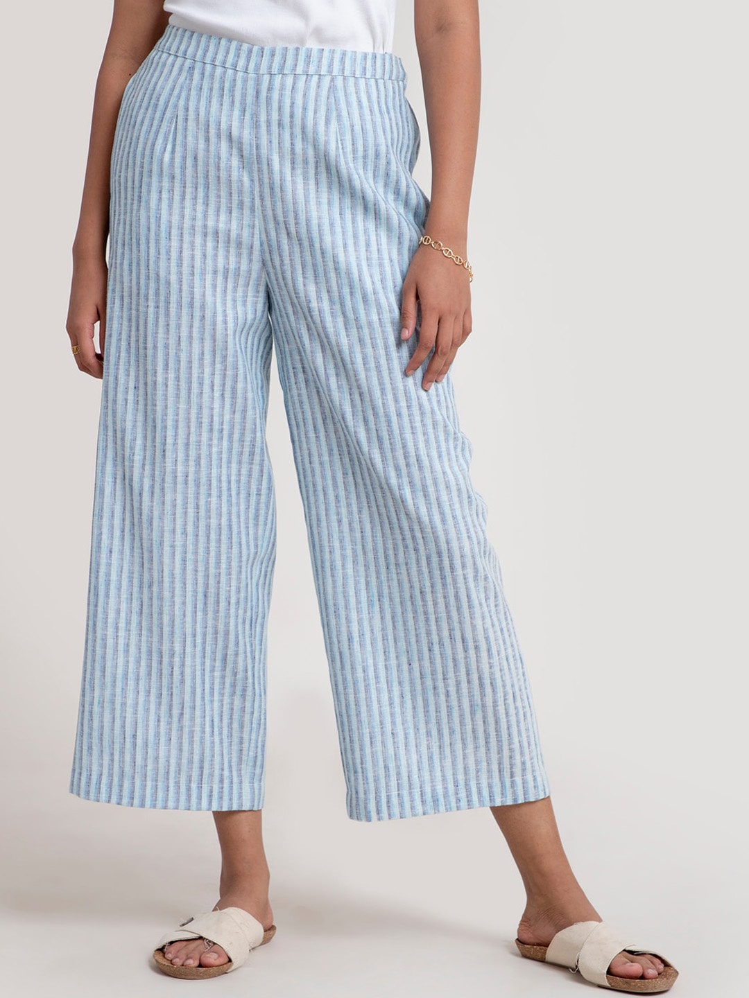 

Pink Fort Women Blue Striped Loose Fit Culottes Trousers