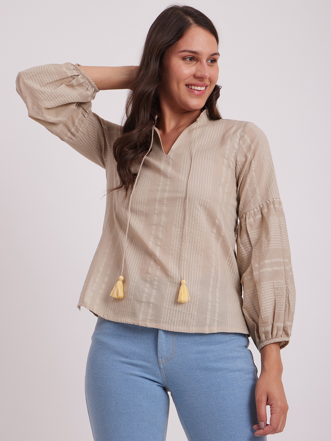 

Pink Fort Beige Striped Pure Cotton Top