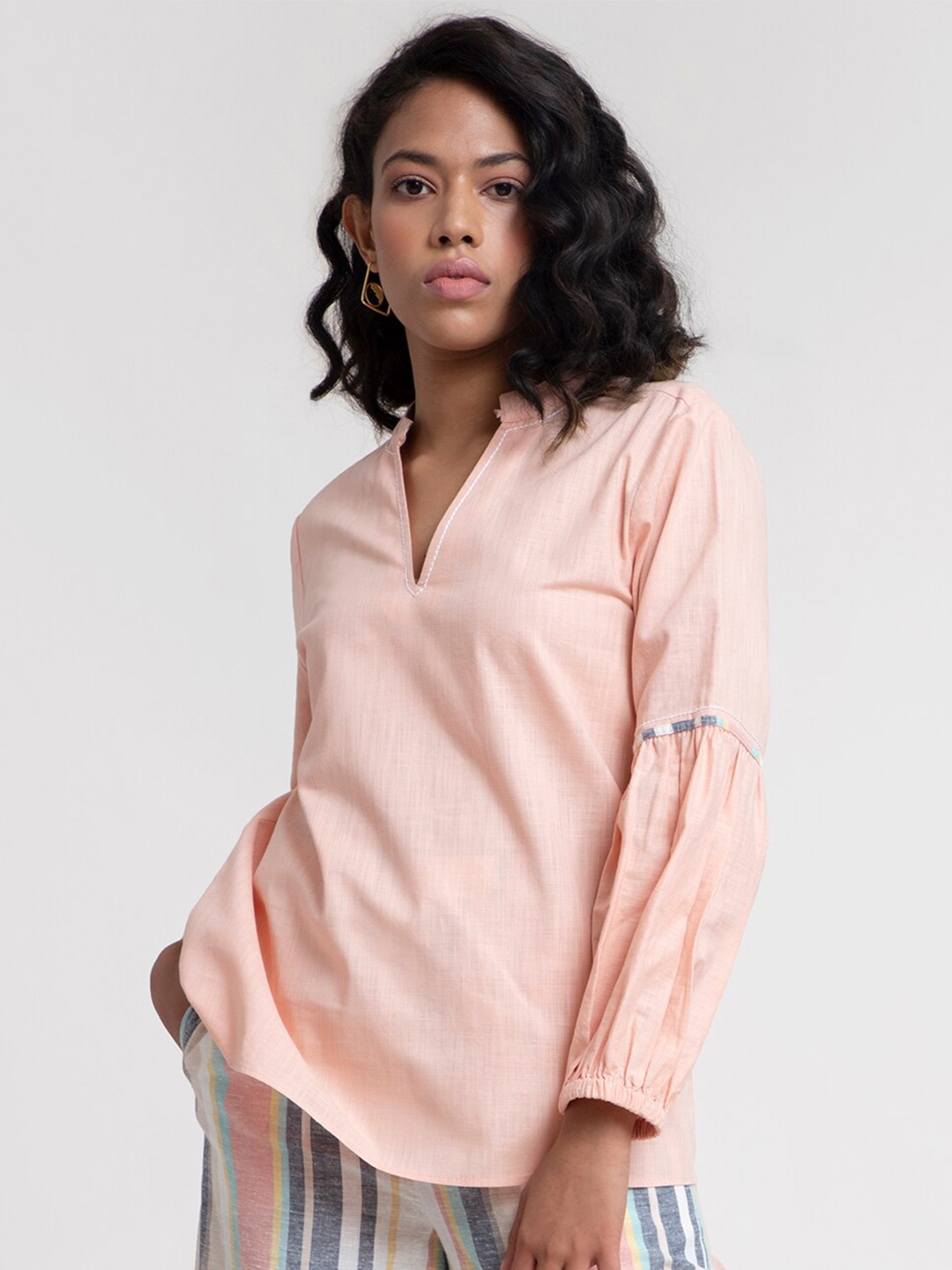 

Pink Fort Peach-Coloured Mandarin Collar Top