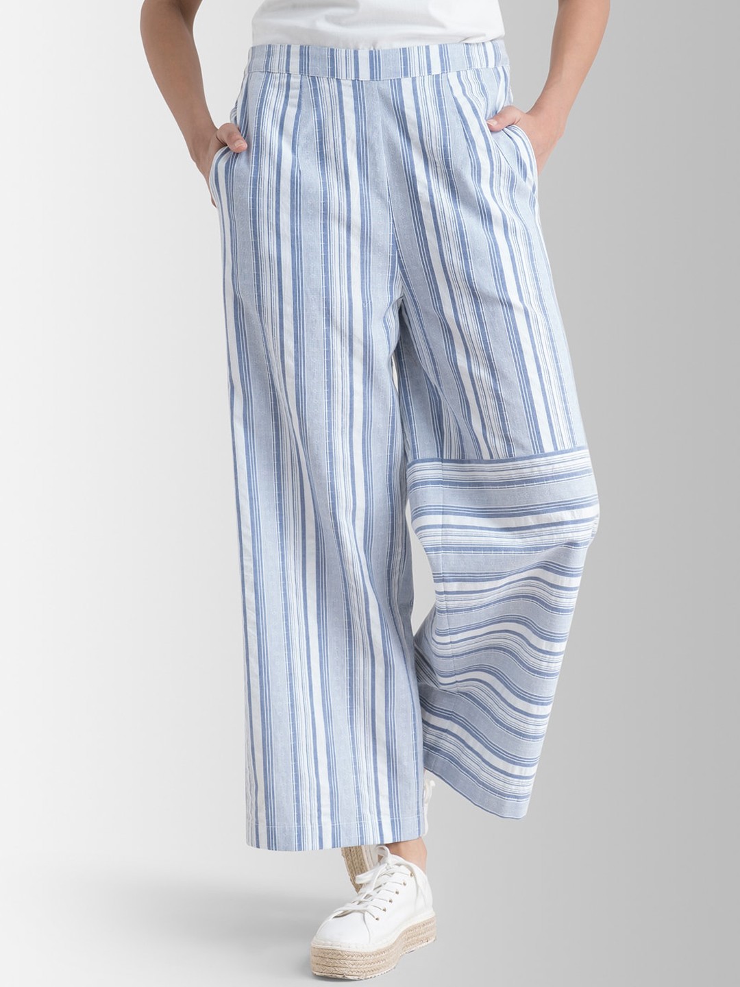 

Pink Fort Women White Striped Loose Fit Trousers