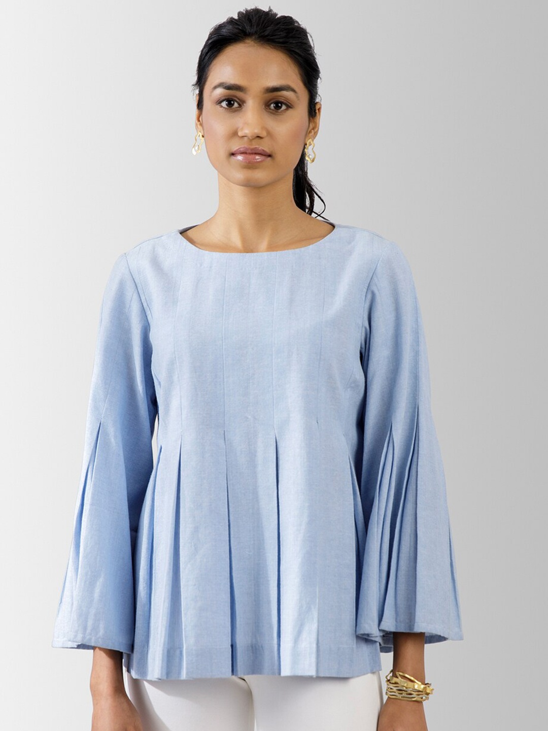 

Pink Fort Blue Pleated Chambray Cotton Top