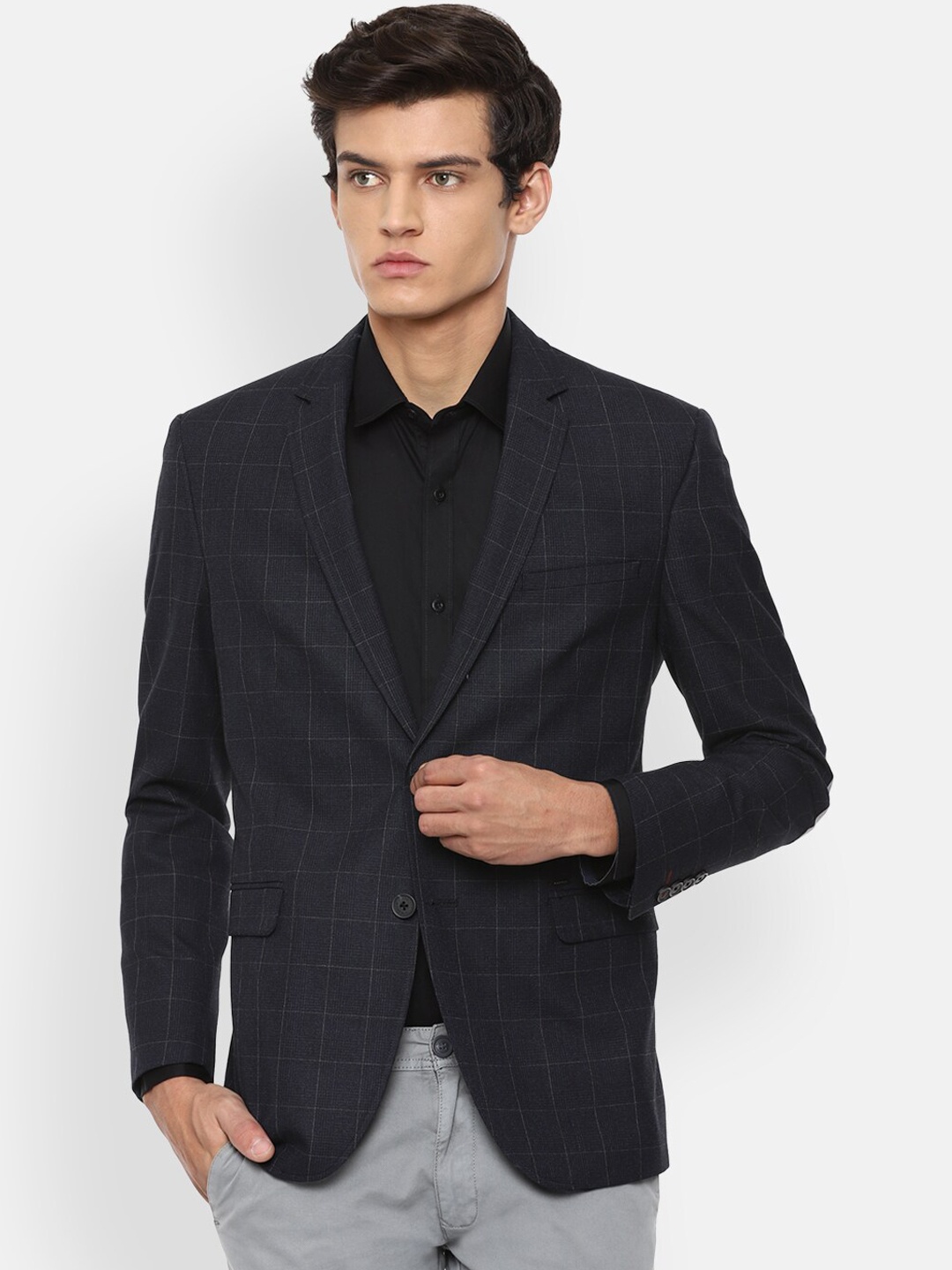 

Van Heusen Sport Men Navy Blue & Grey Checked Single-Breasted Slim-Fit Formal Blazer