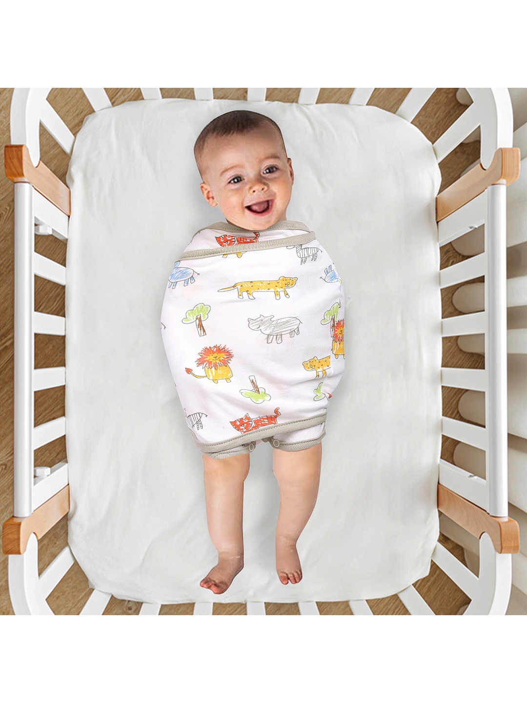 

Baby Moo Infants Grey Printed Ready To Wear Cotton Swaddle, White