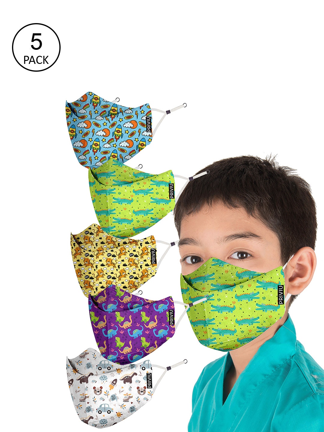 

PRIVIU Set Of 5 Multicoloured Kids Printed Care Plus FFP2 Protective Face Mask, Multi