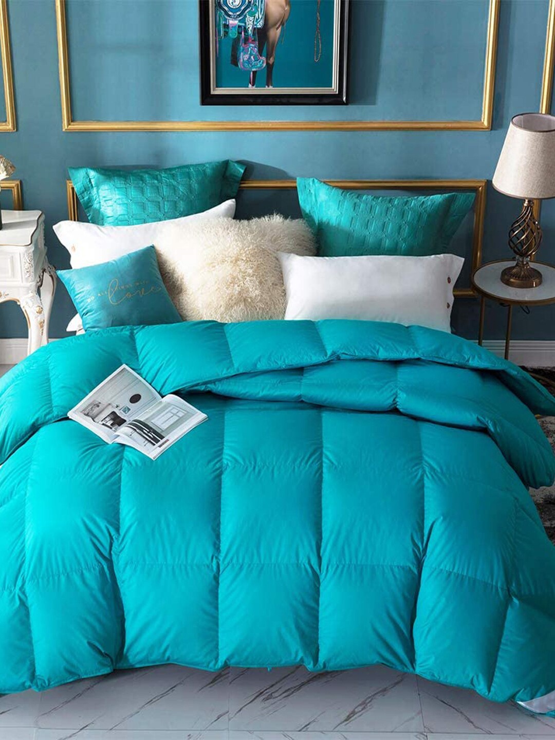 

LINENWALAS Happy Sleeping Turquoise Blue Checked Microfiber Mild Winter 300 GSM Double Bed Comforter