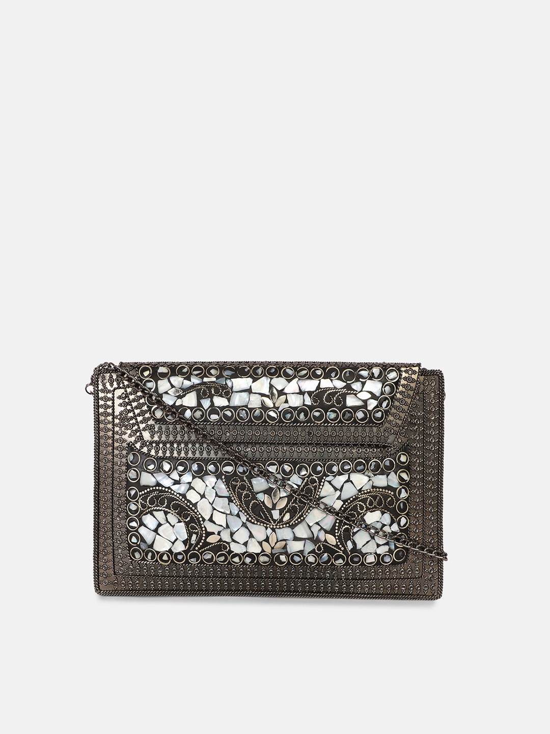

ARTFLYCK Grey & Silver-Toned Embellished Box Clutch