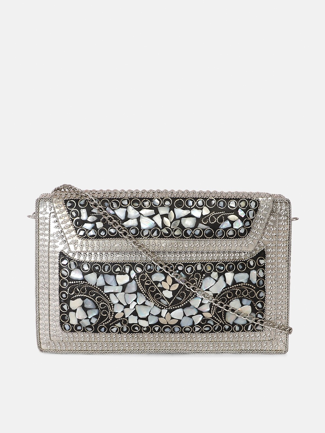 

ARTFLYCK Silver-Toned & Black Embellished Box Clutch