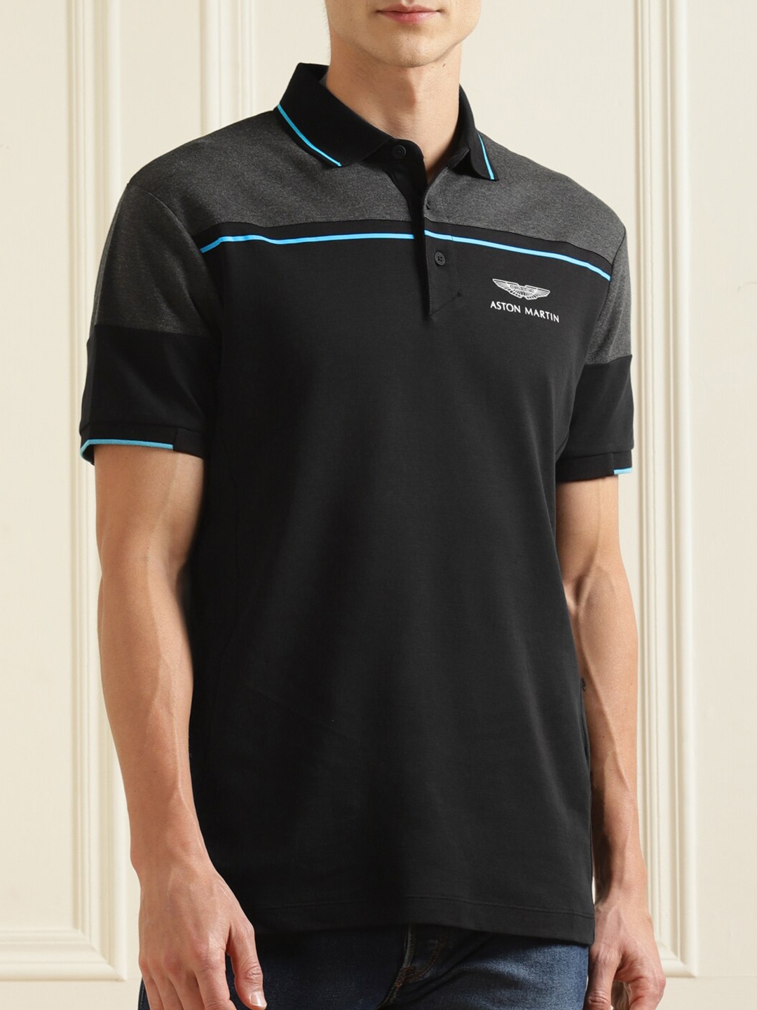 

HACKETT LONDON Men Black & Grey Colourblocked Polo Collar T-shirt