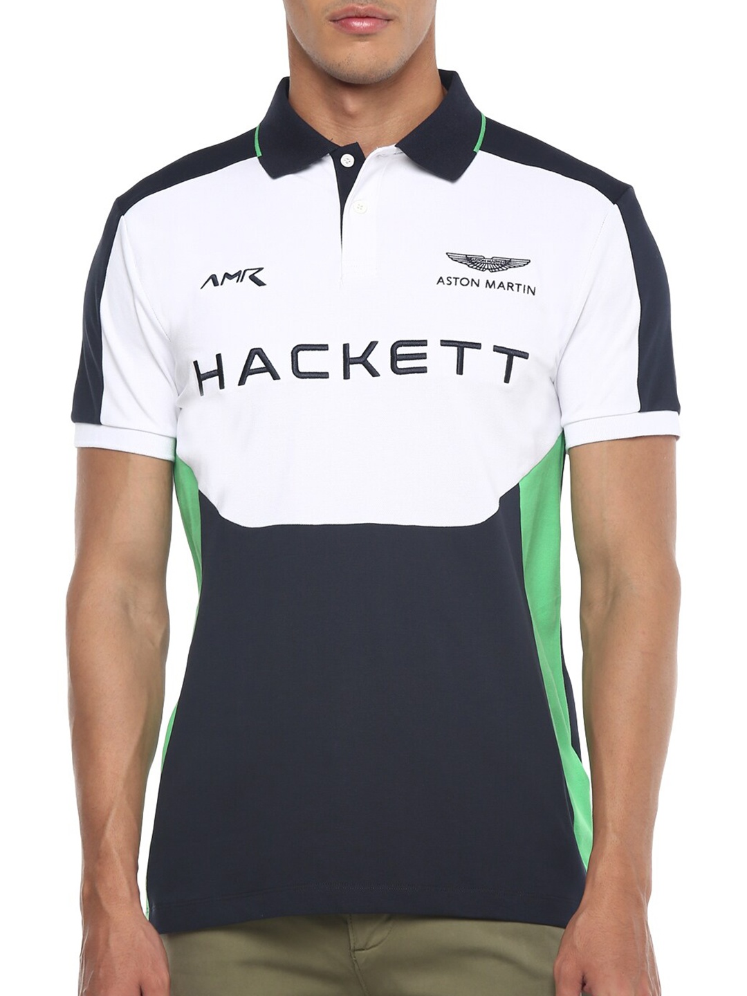 

HACKETT LONDON Men White & Navy Blue Colourblocked Polo Collar T-shirt
