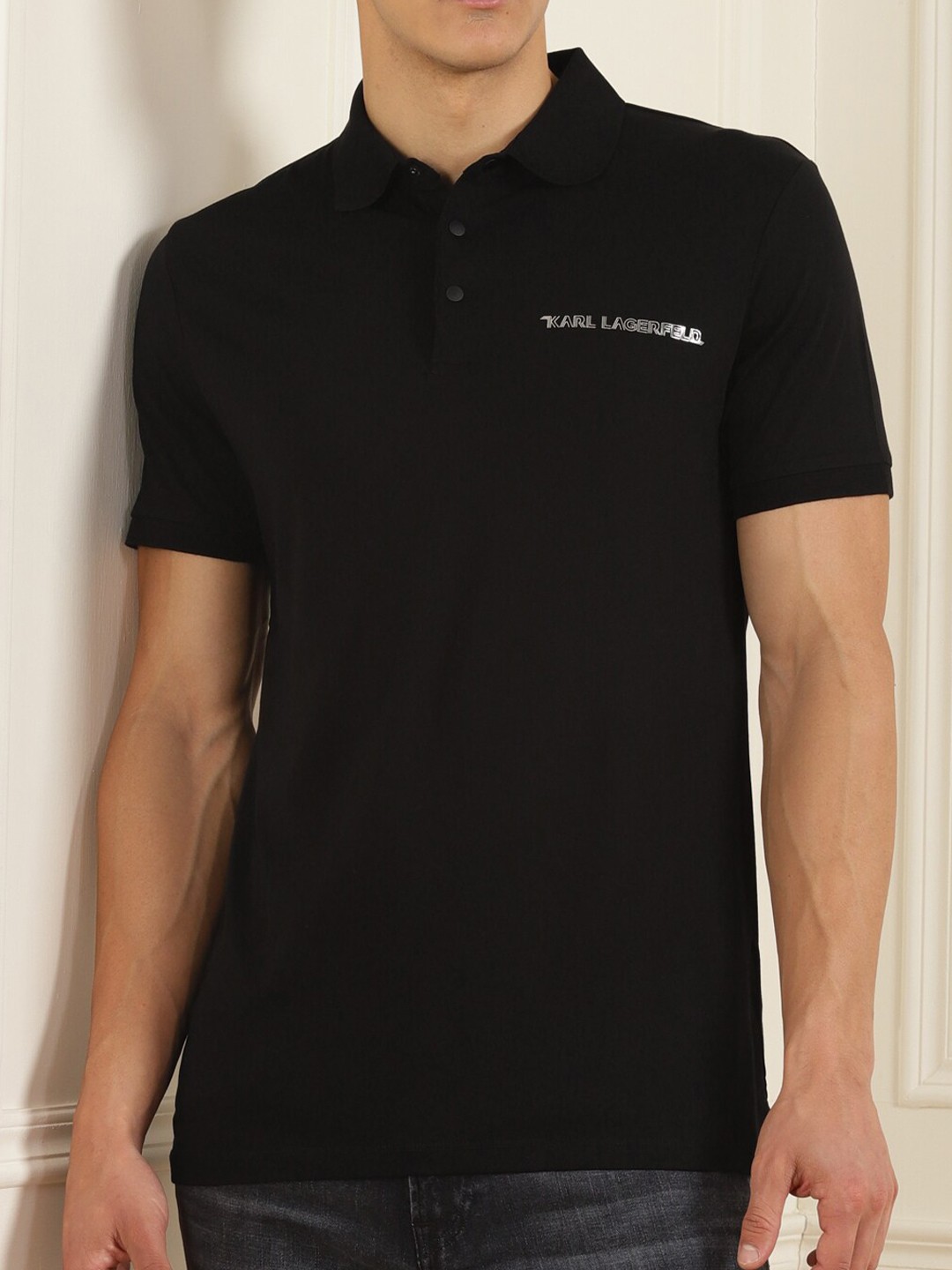 

LAGERFELD Men Black Mandarin Collar T-shirt