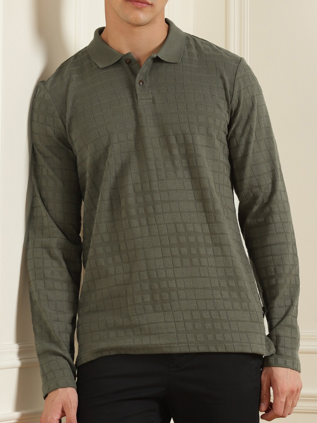 

Ted Baker Men Khaki Self Design Polo Collar Pure Cotton T-shirt