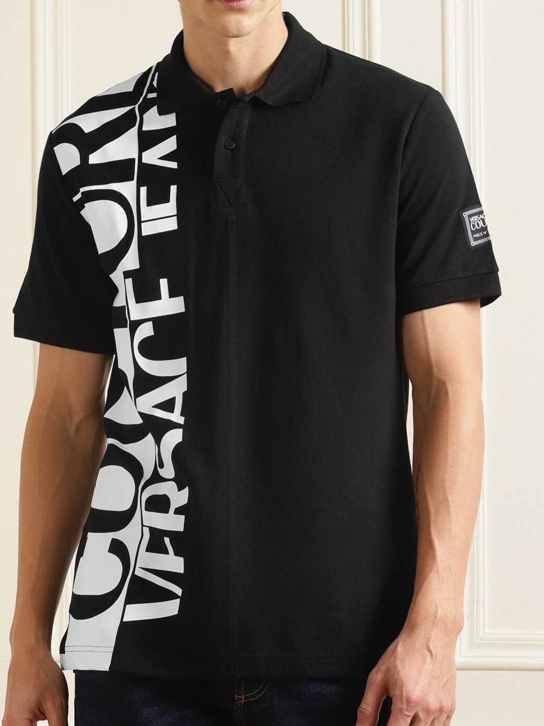 

Versace Jeans Couture Men Black & White Typography Printed Polo Collar Pure Cotton T-shirt
