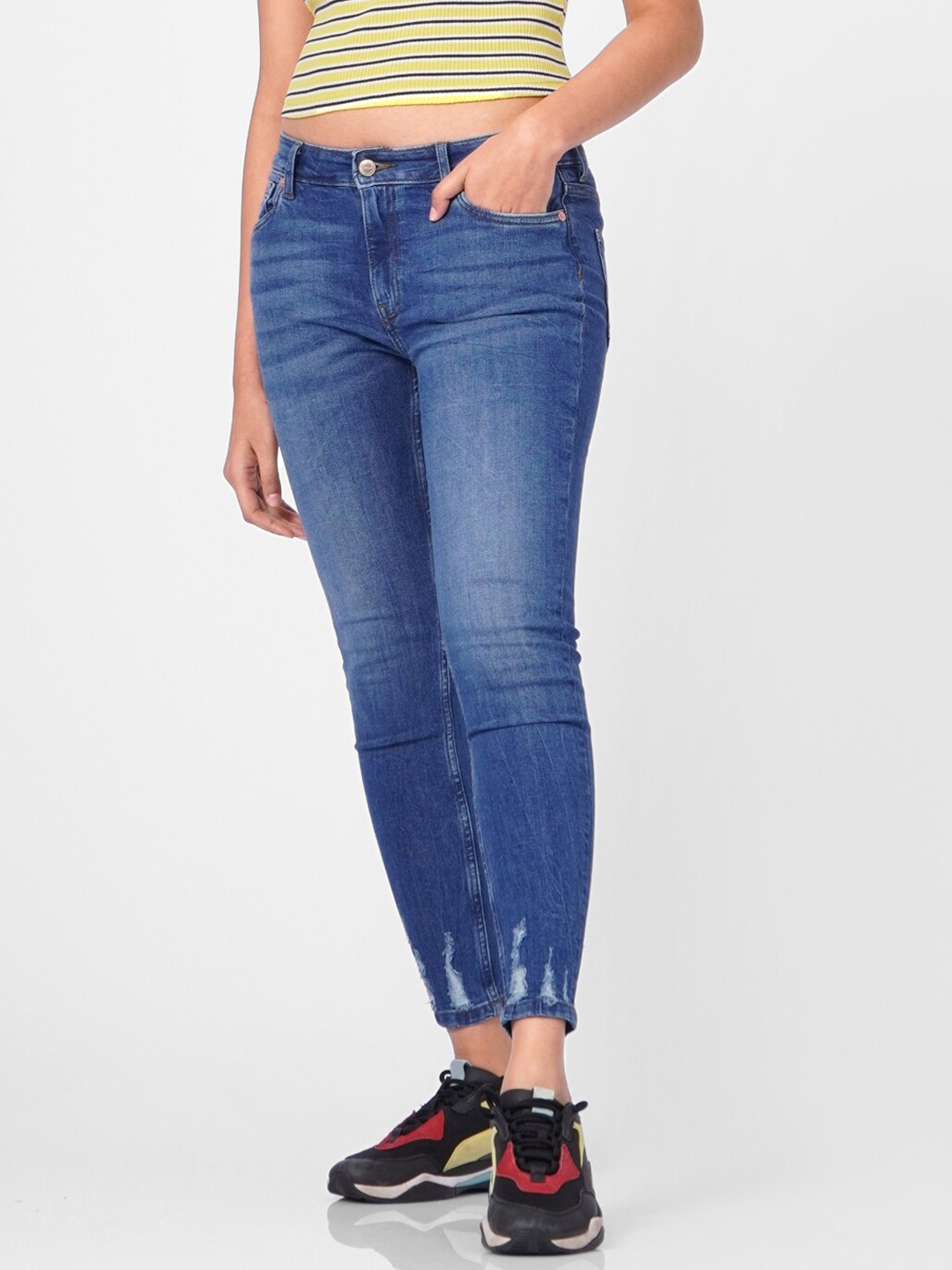 

ONLY Women Blue High-Rise Low Distress Heavy Fade Jeans