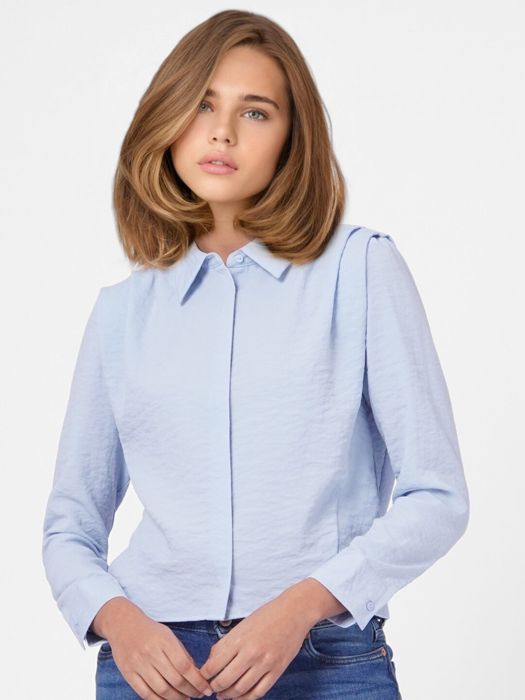 

ONLY Women Blue Crop Casual Shirt
