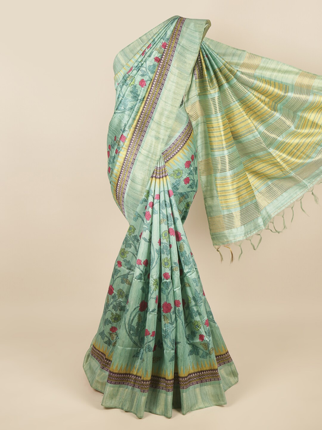 

Pothys Green & Pink Floral Printed Jute Silk Saree