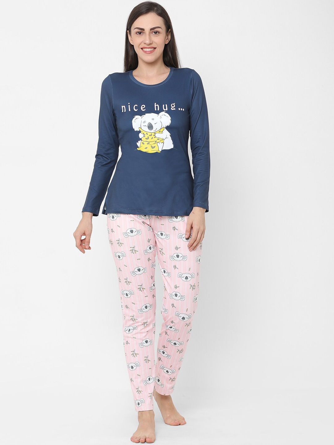 

Sweet Dreams Women Navy Blue & Pink Printed Night suit