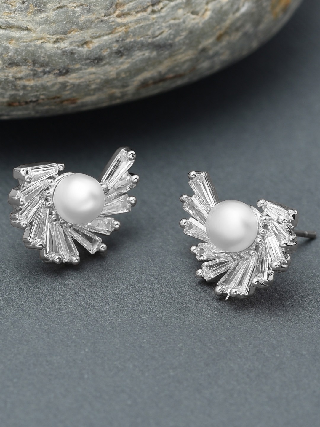 

AMI Silver-Toned Contemporary Cubic Zirconia & Pearl Studded Studs Earrings