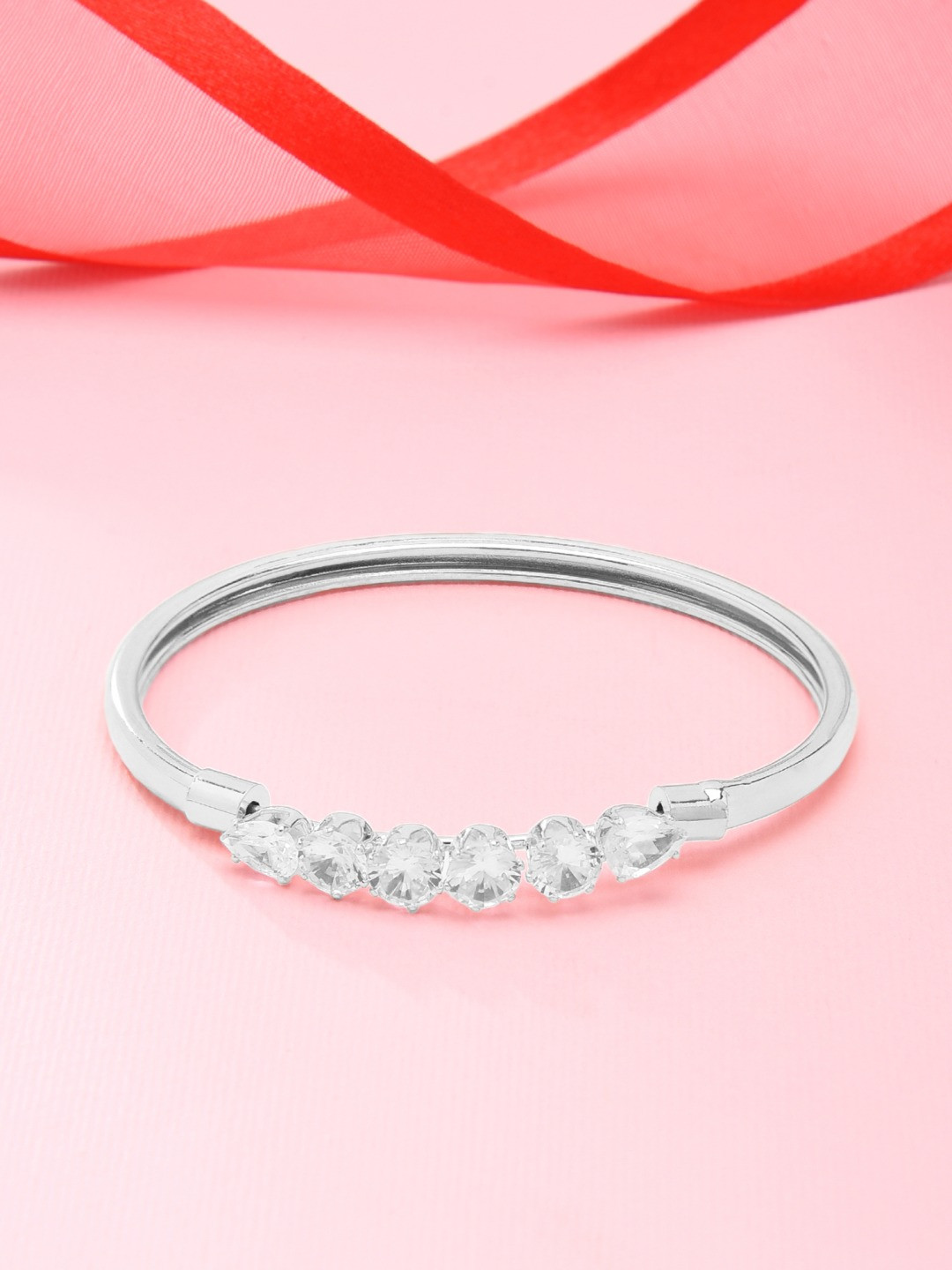 

AMI Women Silver-Toned & White Brass Cubic Zirconia Kada Bracelet