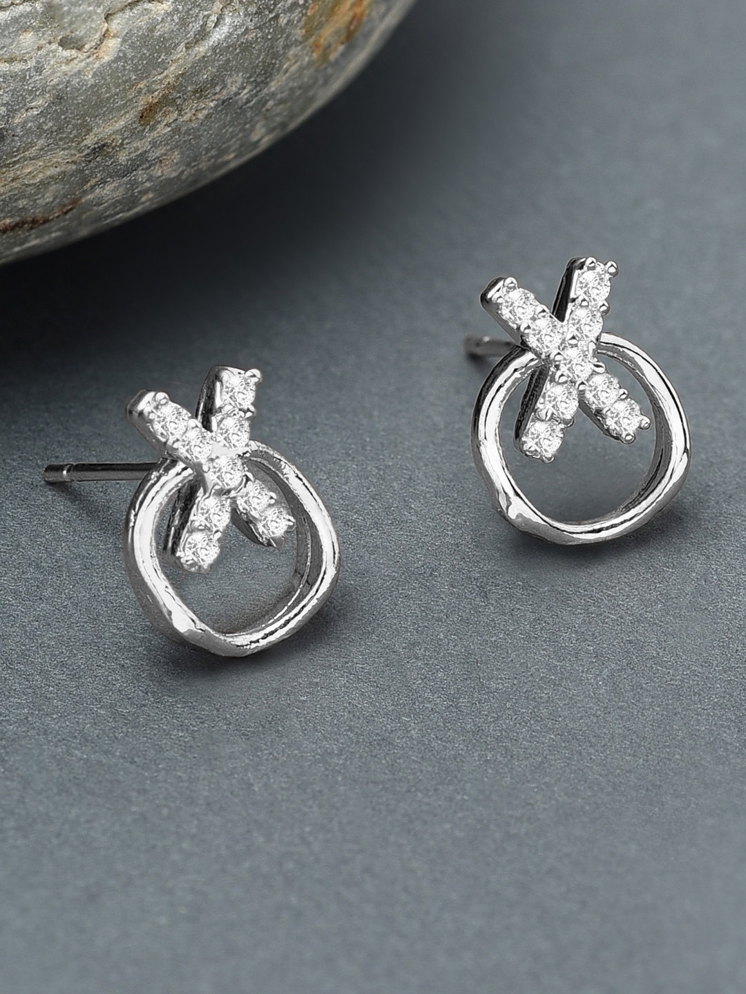 

AMI Silver-Toned Cubic Zirconia Contemporary Studs Earrings