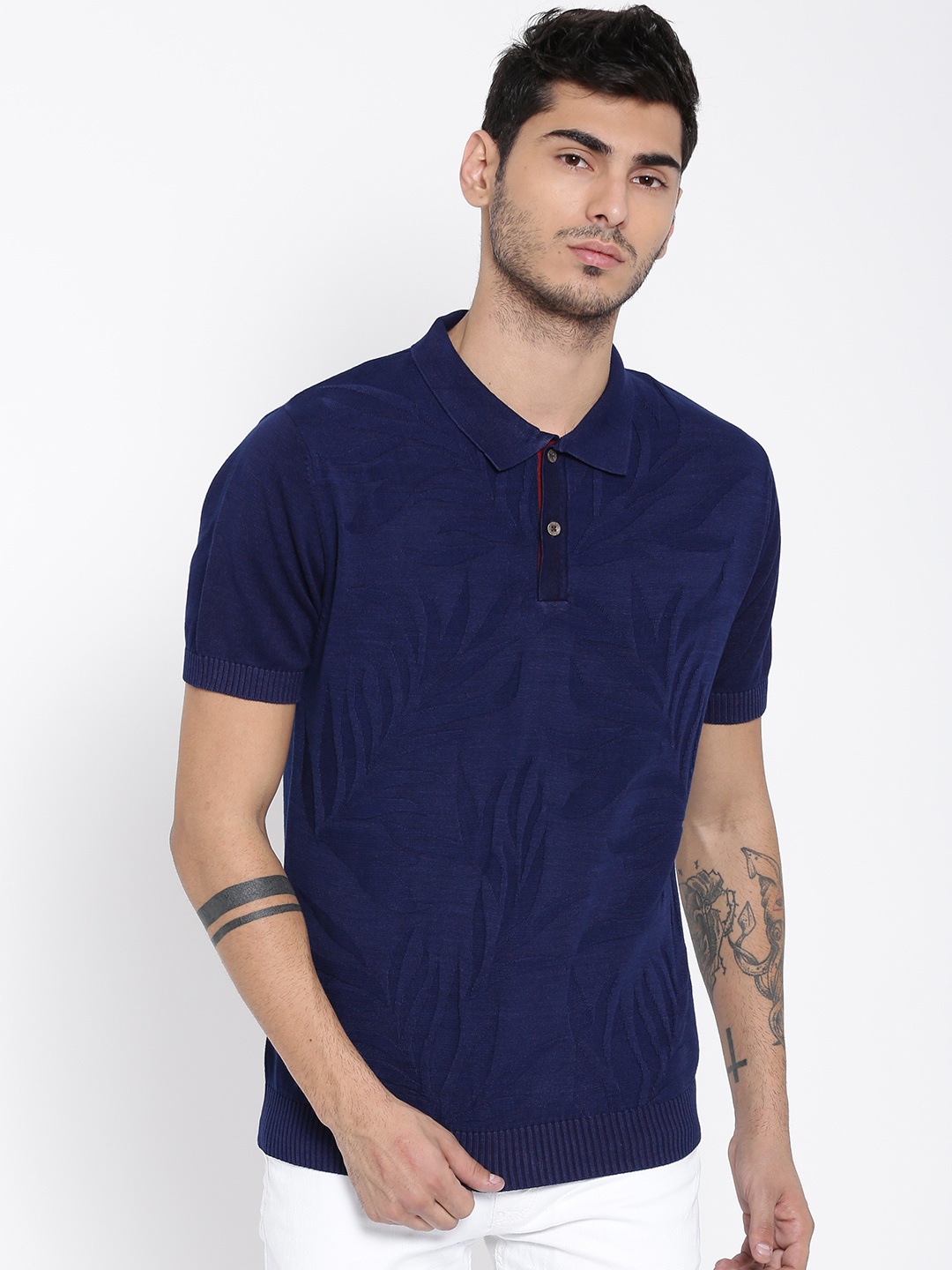 

Wills Lifestyle Men Navy Self-Design Polo Collar T-shirt, Navy blue