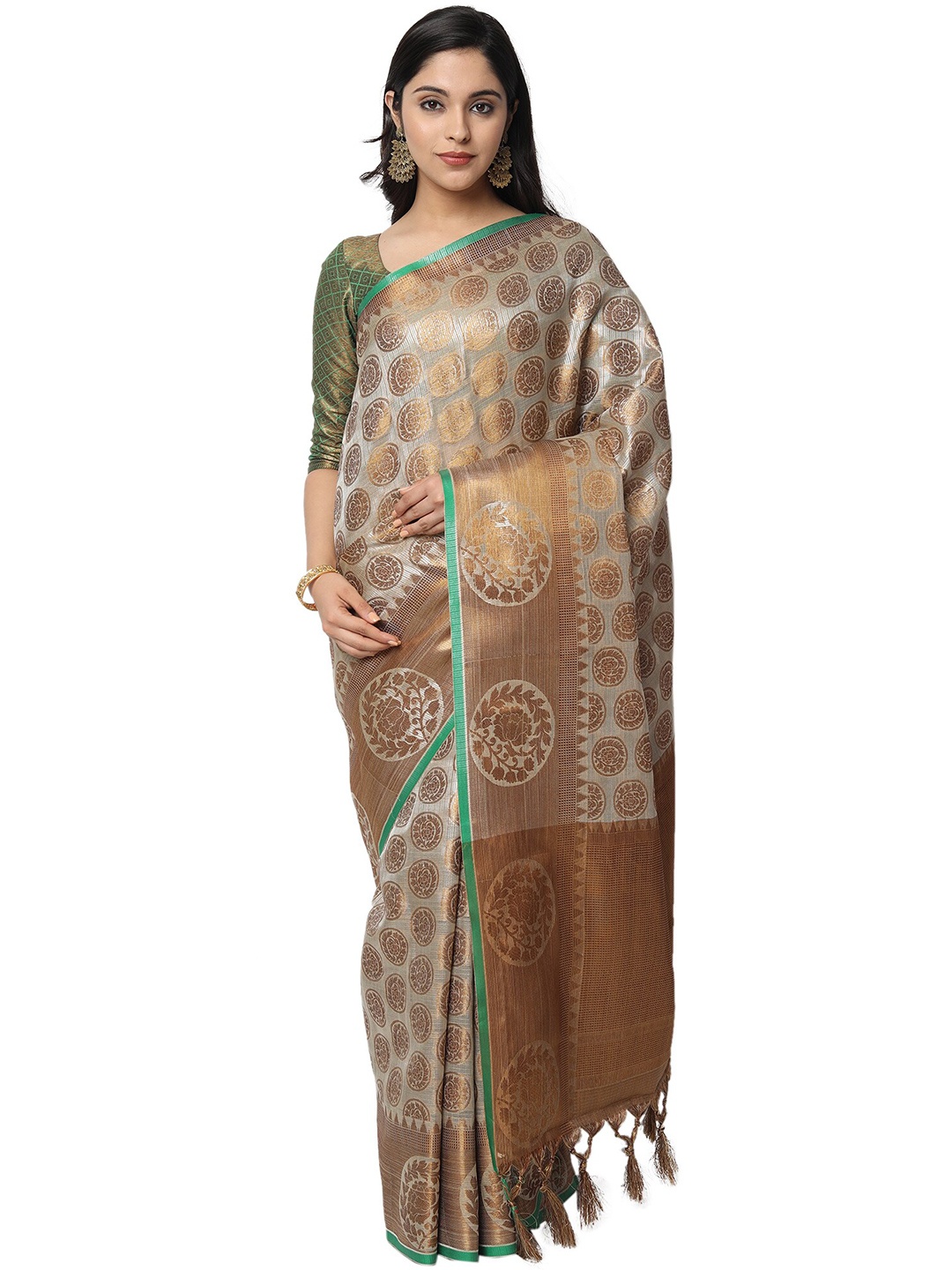 

PERFECTBLUE Green & Grey Woven Design Saree
