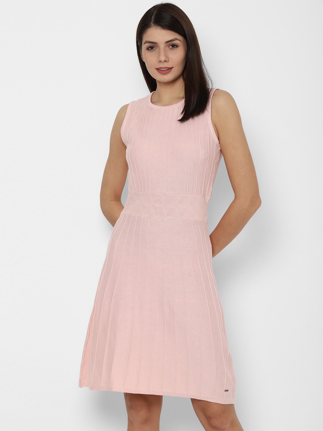 

Allen Solly Woman Women Peach-Coloured Self Design Round Neck A-Line Dress
