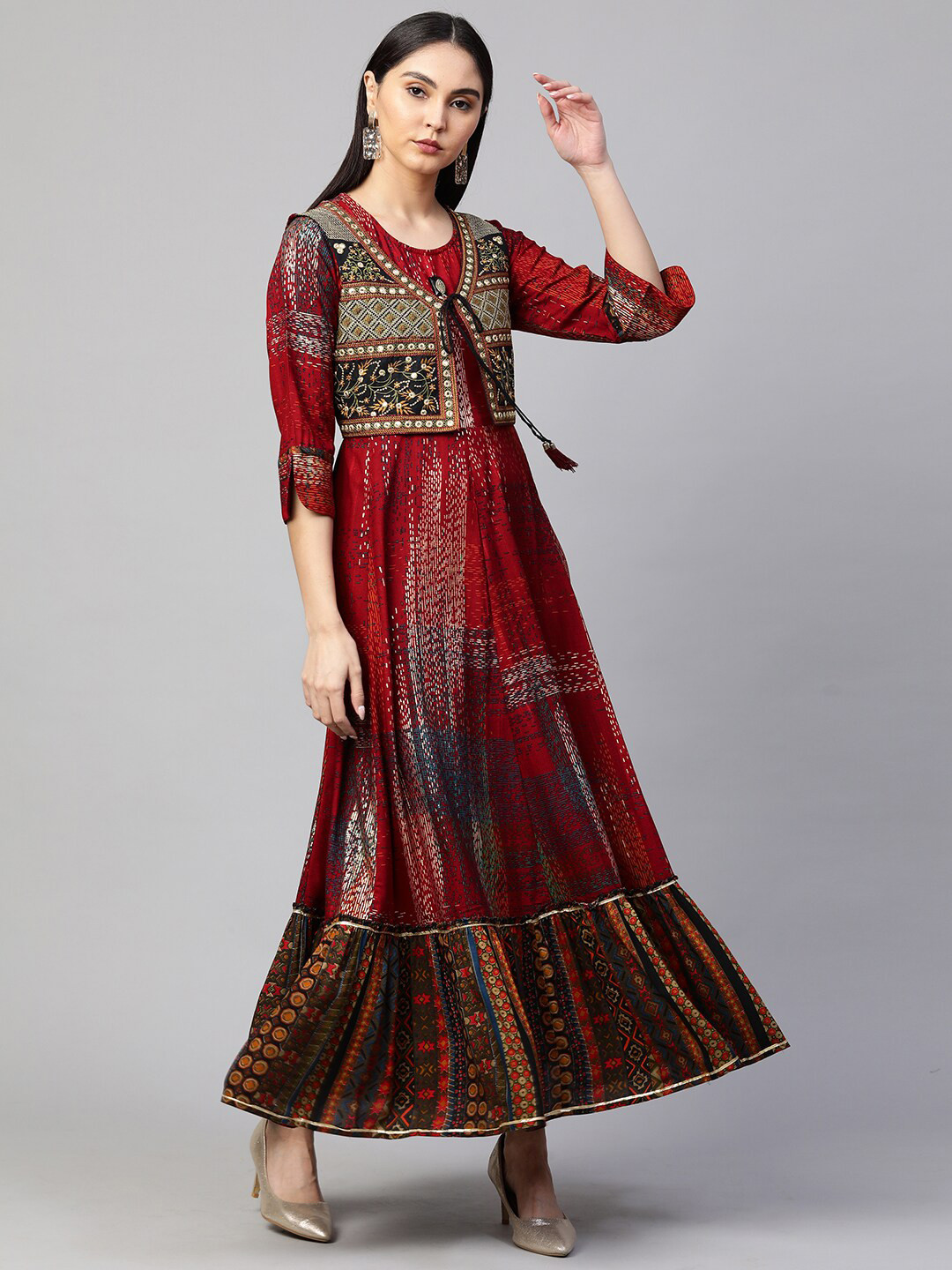 

FASHOR Maroon Ethnic Motifs Ethnic Maxi Dress with Embroidered Jacket